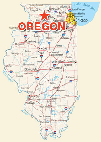 Map of the State of Illinois with a star showing where Oregon IL is located.